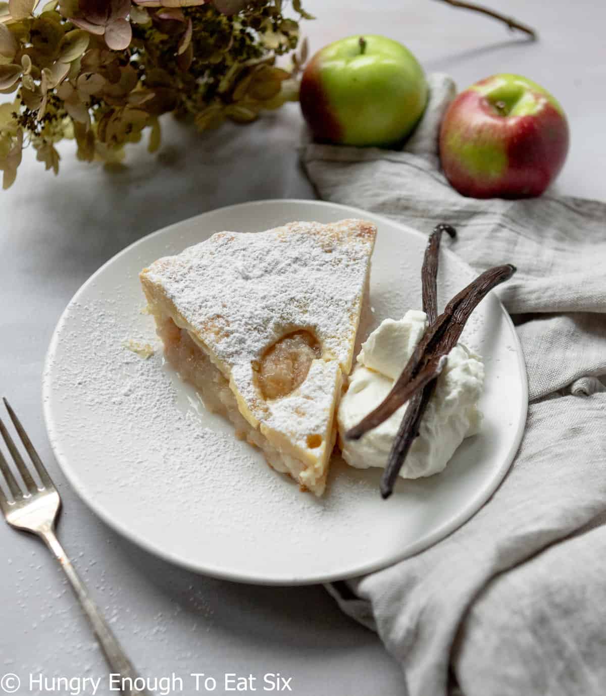 White plate with slice of apple pie.