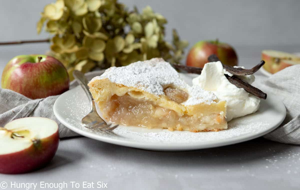 Side view of apple pie slice with a fork.