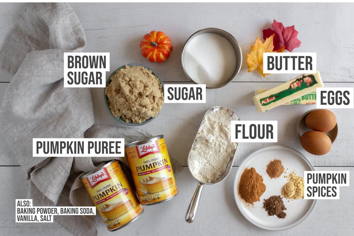 Ingredients: pumpkin puree, sugar, brown sugar, flour, butter, eggs, and spices.