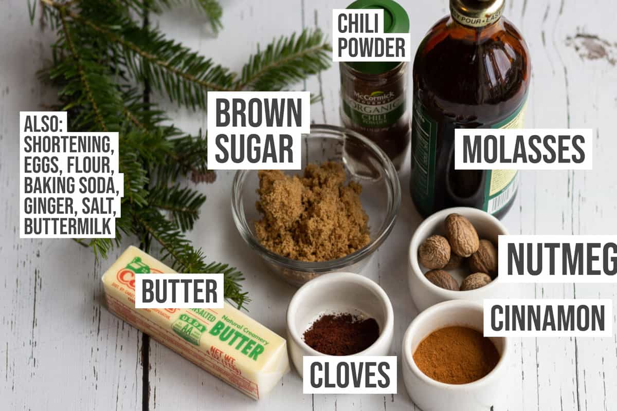 Ingredients: Molasses, butter, brown sugar, cinnamon, cloves, nutmeg, chili powder.