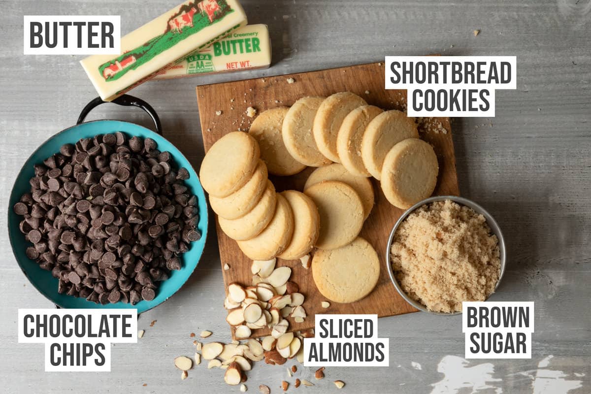 Ingredients: butter, brown sugar, cookies, chocolate chips, and nuts.