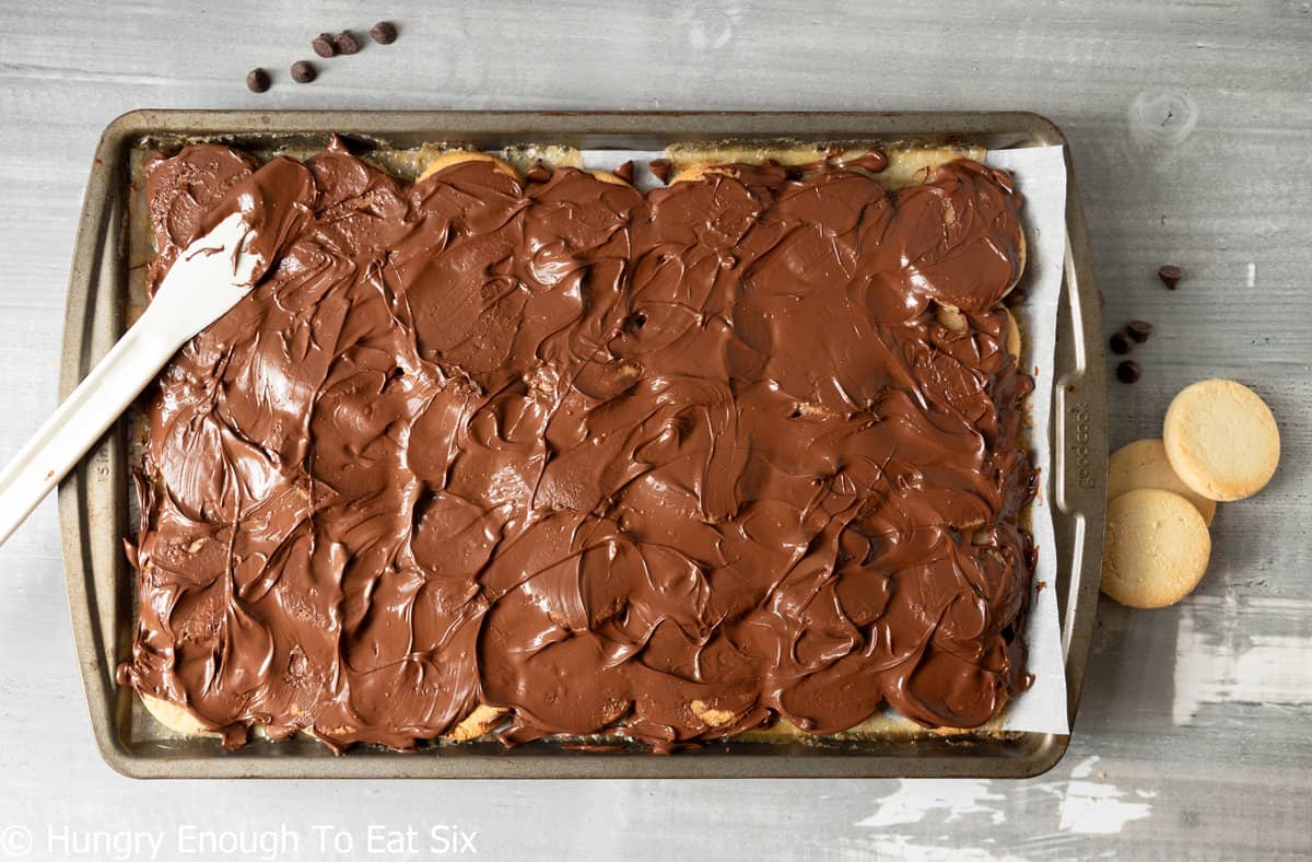 Melted chocolate spread over a baking sheet.