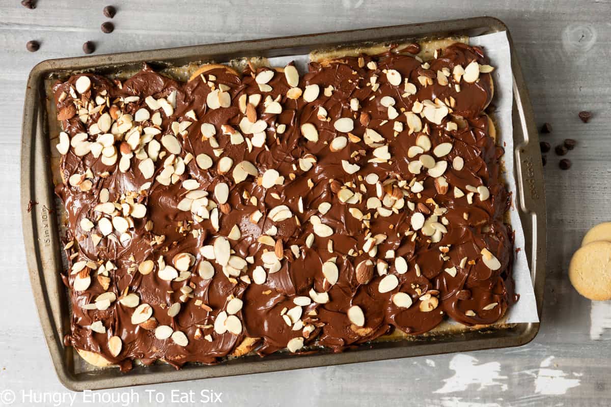 Melted chocolate topped with sliced nuts.