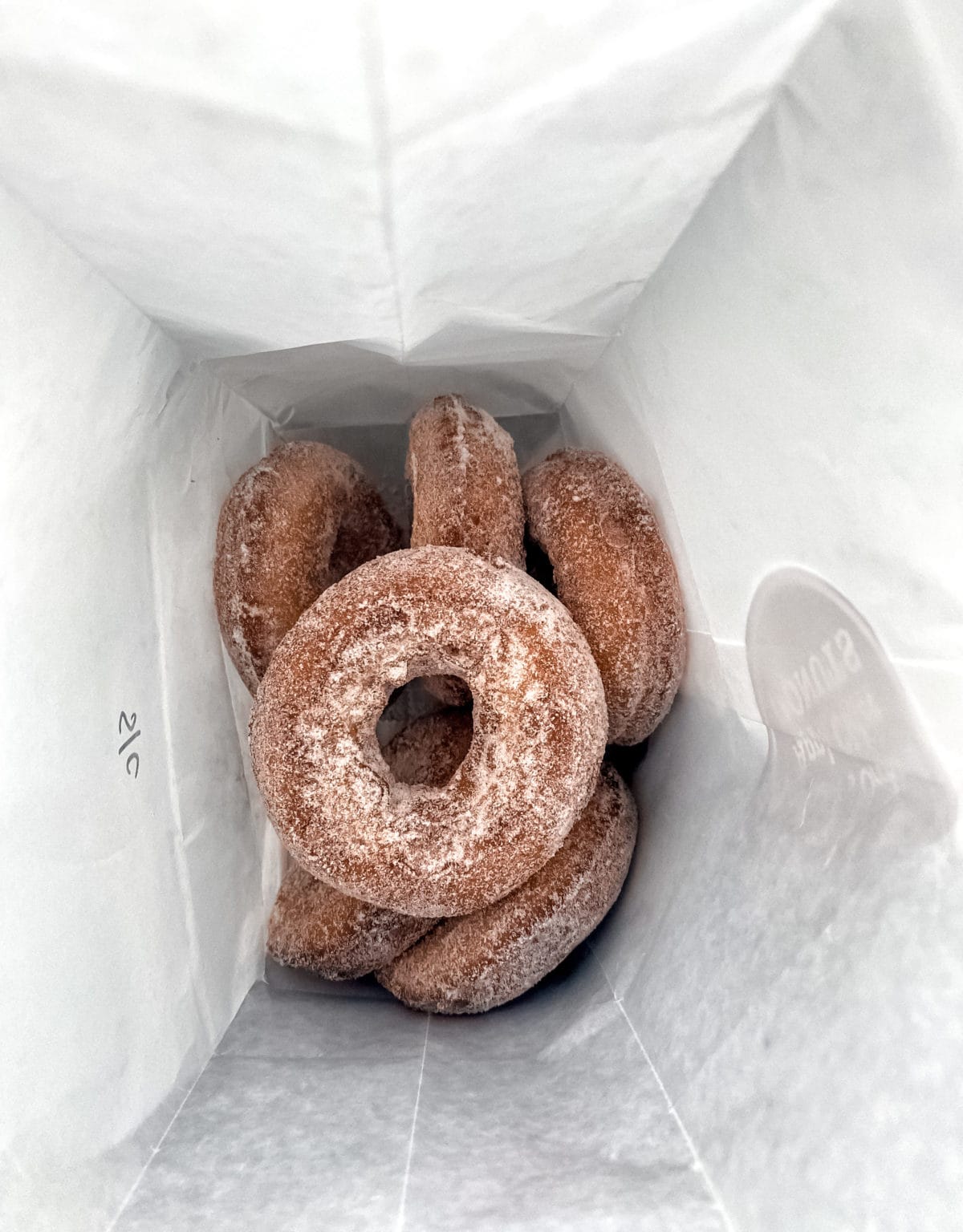 Sugary doughnuts in white bag