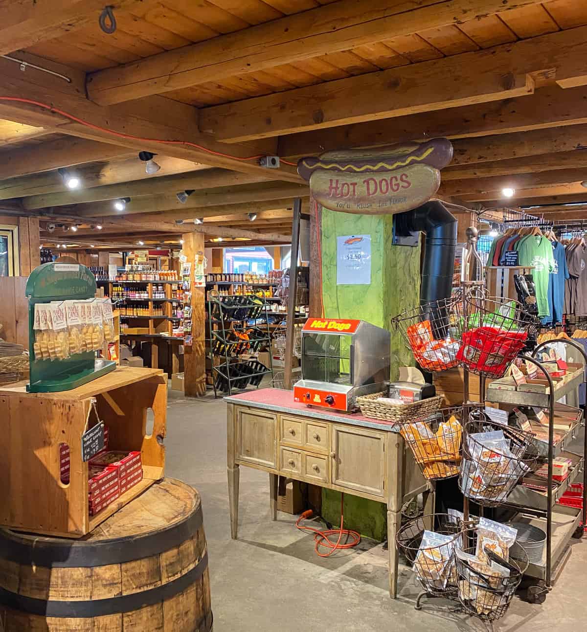 Interior of country store with shelves of goods.