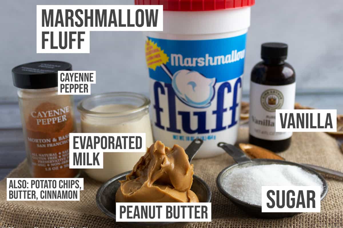 Ingredients: Marshmallow Fluff, peanut butter, sugar, vanilla extract, evaporated milk, cayenne pepper. 