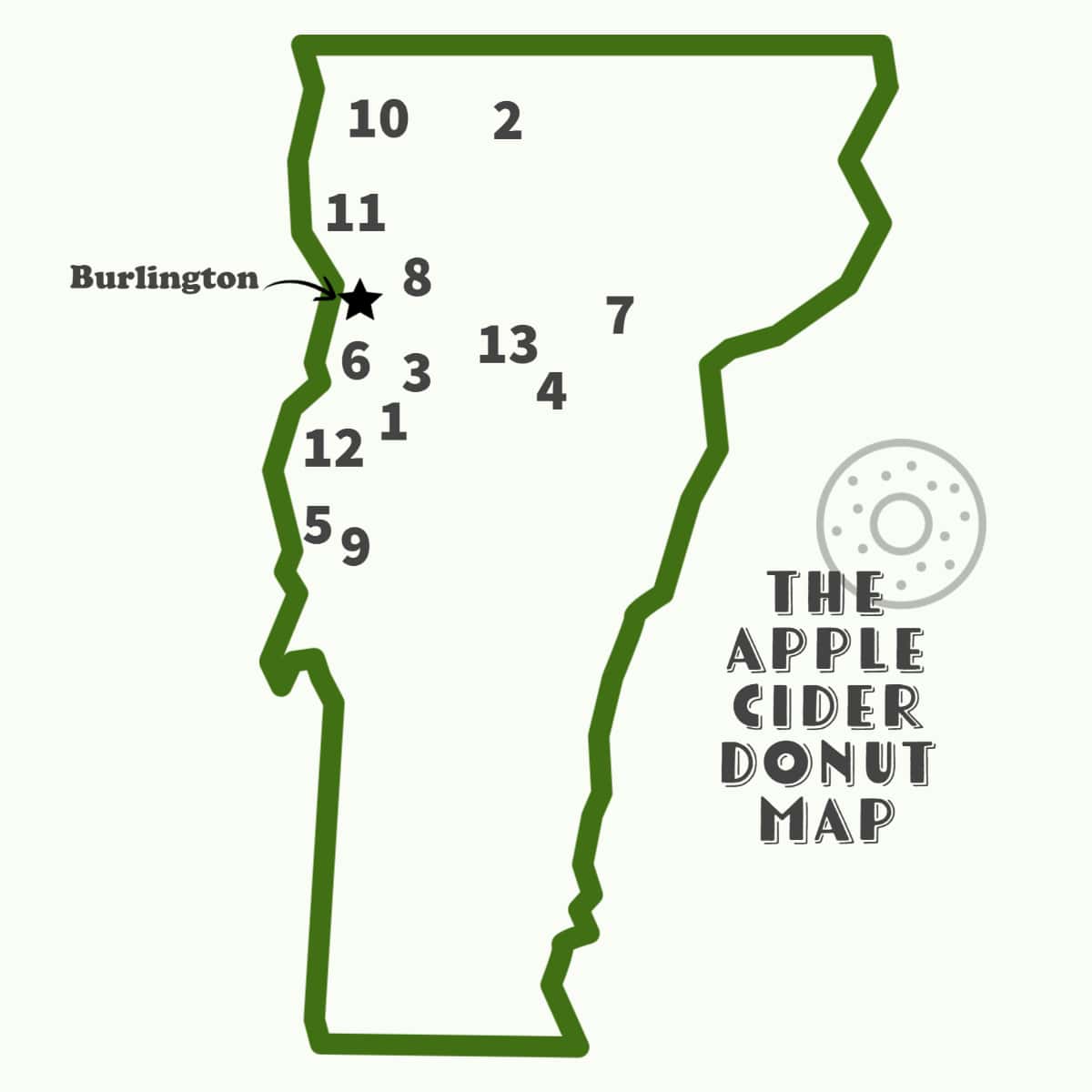Graphic of Vermont with numbered locations.