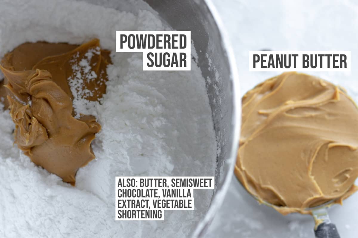 Peanut butter and powdered sugar in a mixing bowl.