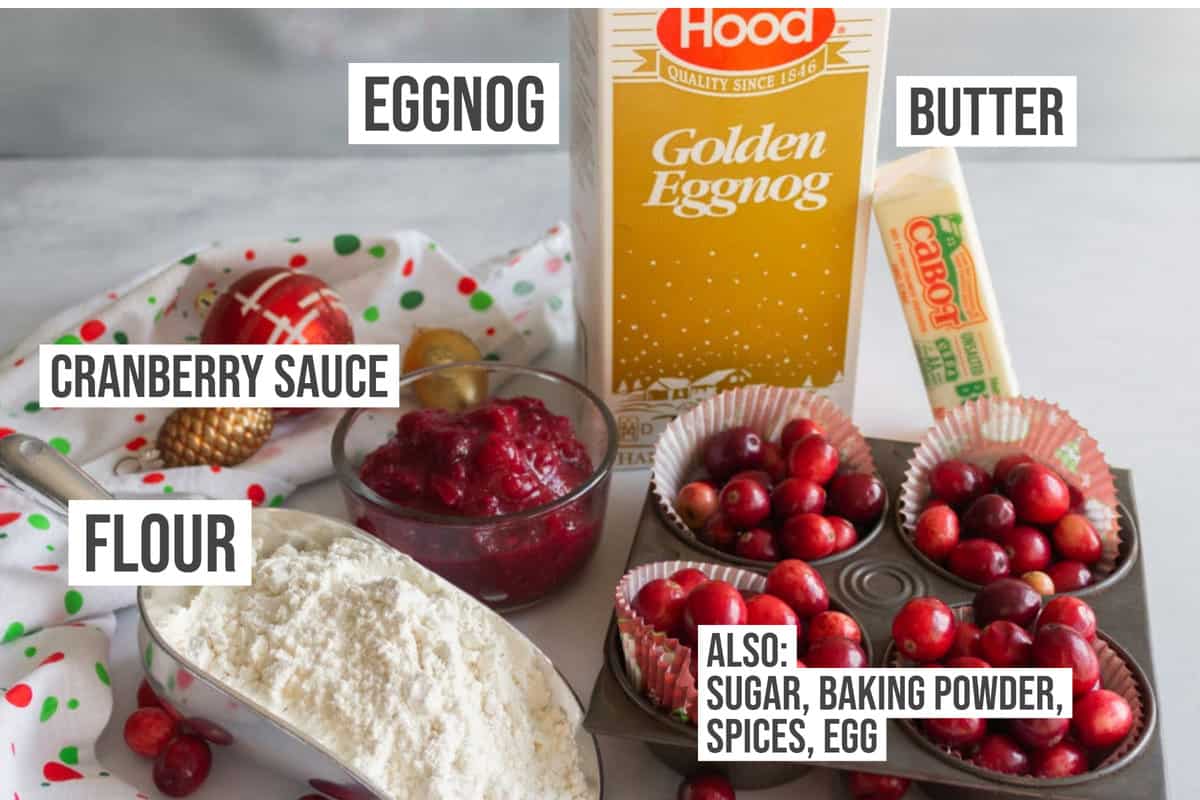 Ingredients like eggnog, cranberry sauce, butter, and flour.