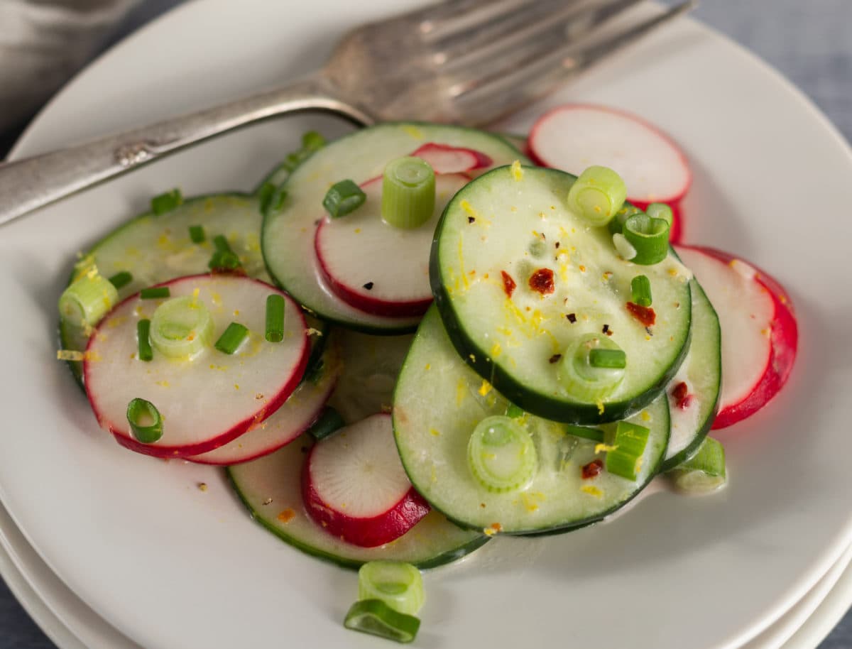 Sliced cucumber and radish salad