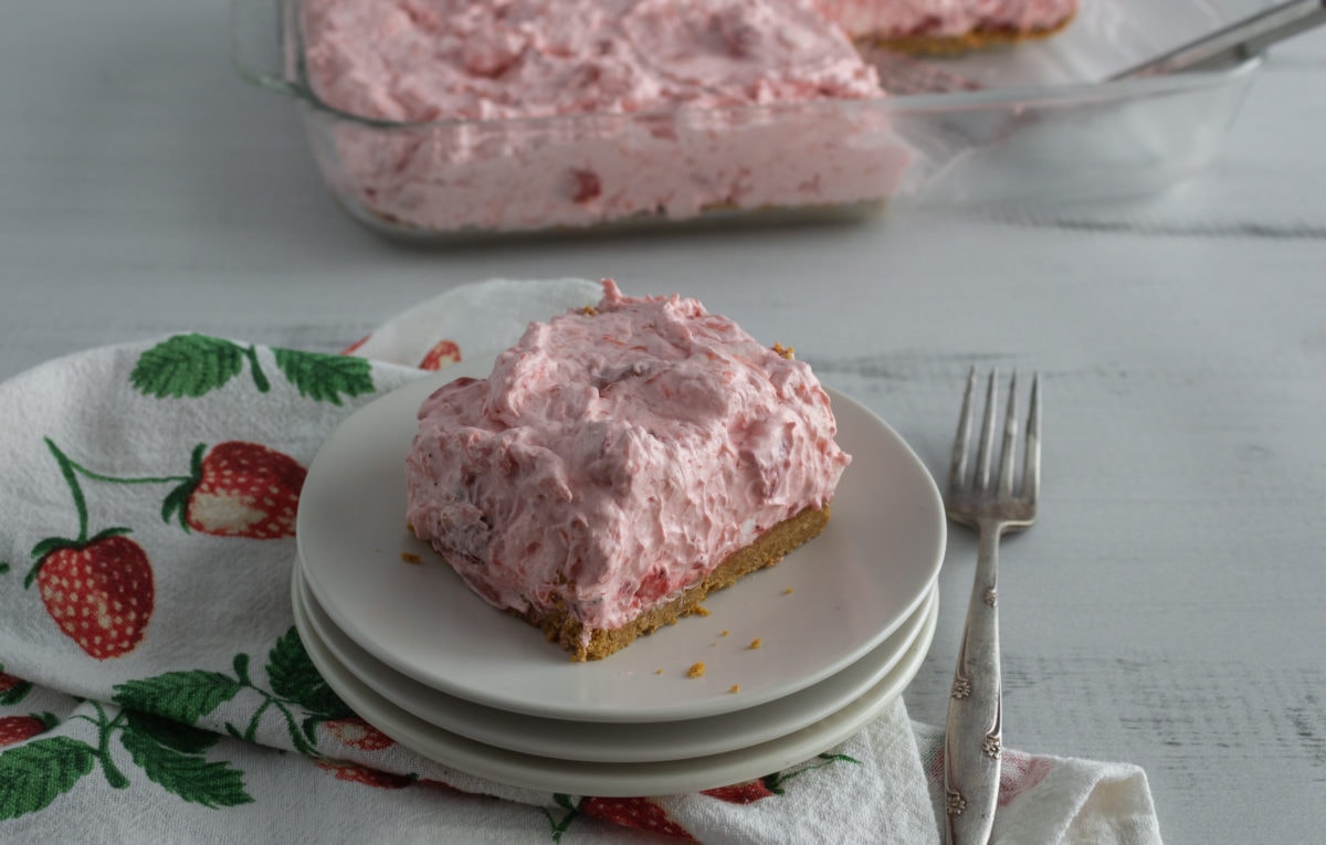 Slice of fluffy pink fruit dessert