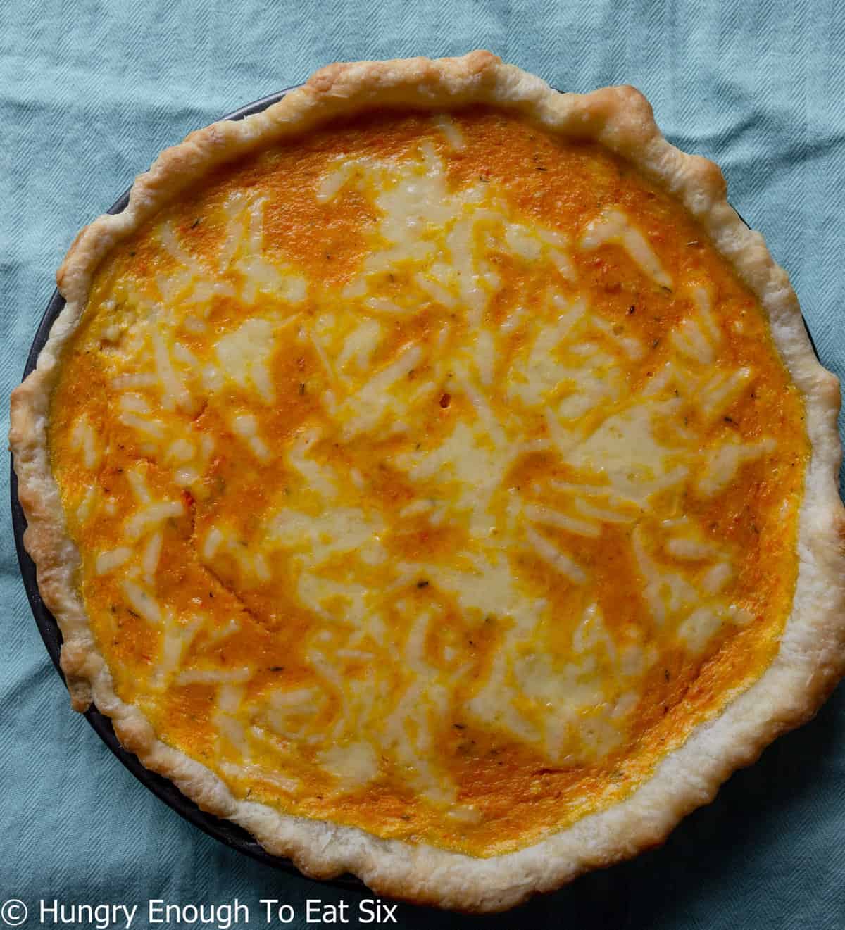 Baked carrot quiche with orange filling and melted cheese.