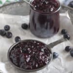 Scoop of thick, chunky blueberry ketchup.