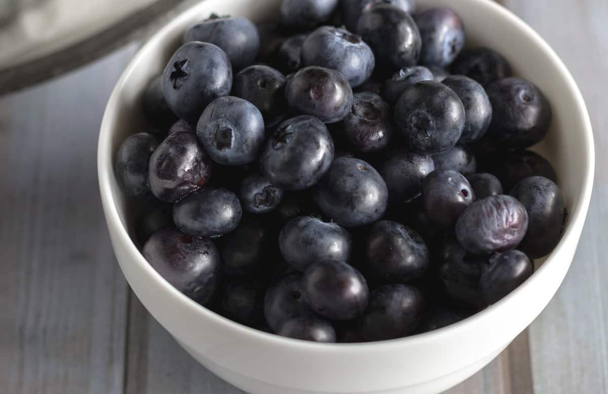 White bowl of whole blueberries.