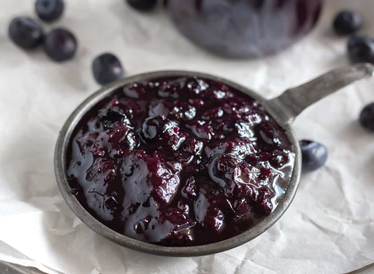 Small dish of dark blueberry ketchup.