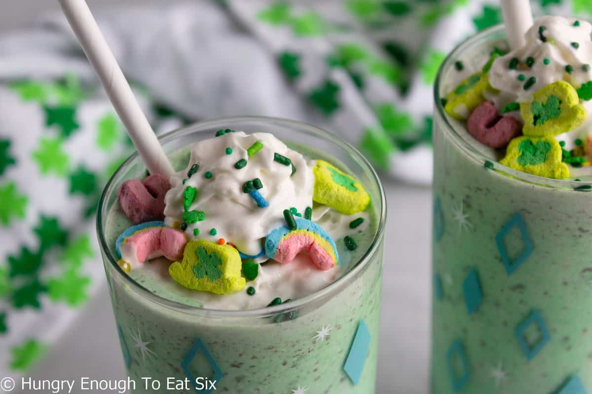 Whipped cream and cereal marshmallows on top of a shake.