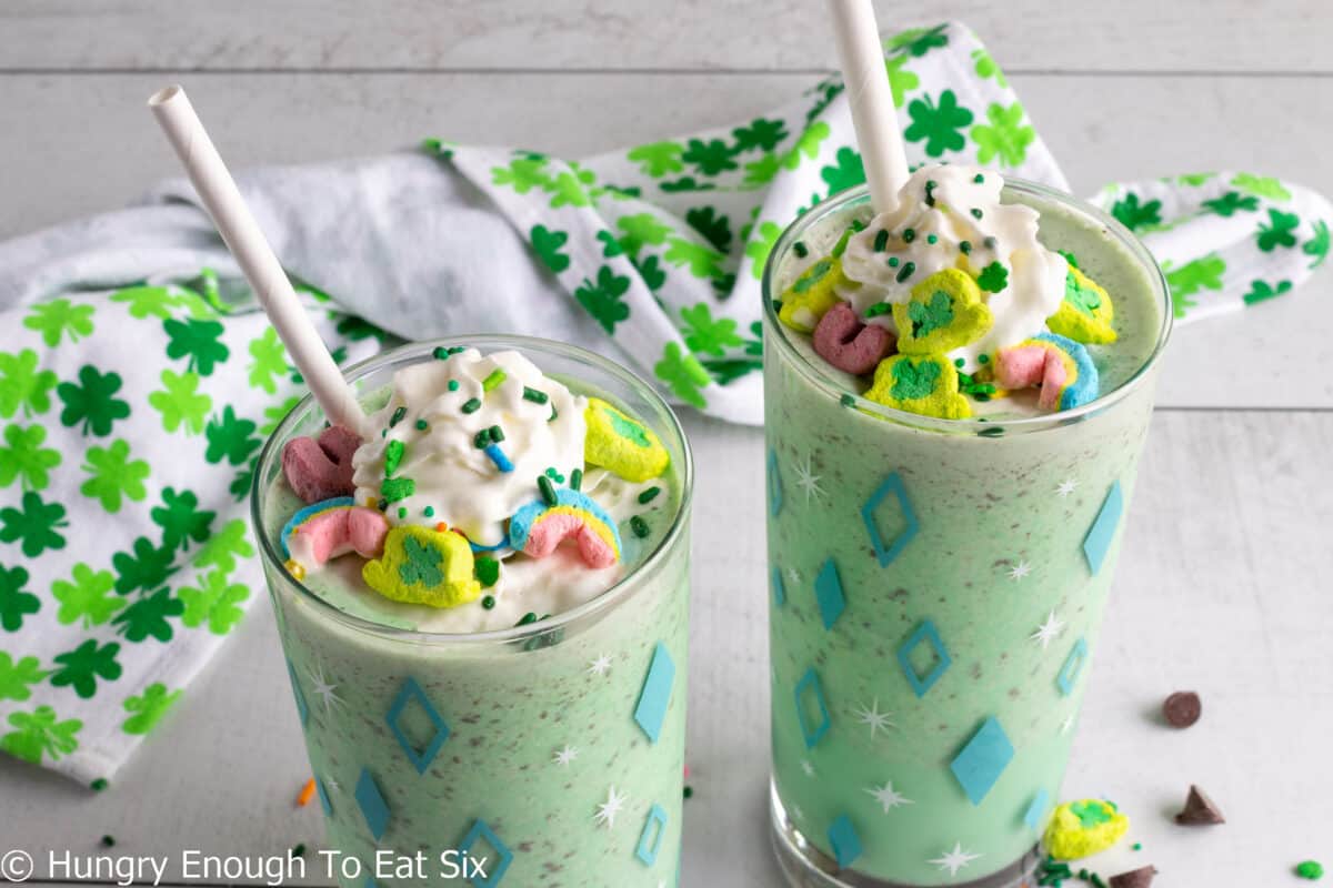 Green shakes with whipped cream, sprinkles, and Lucky Charm marshmallows,