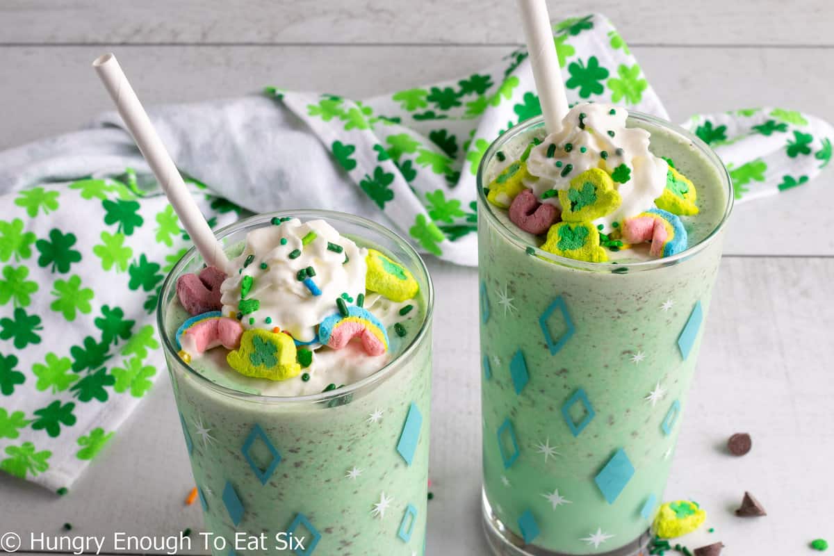 Green shakes with whipped cream, sprinkles, and Lucky Charm marshmallows,