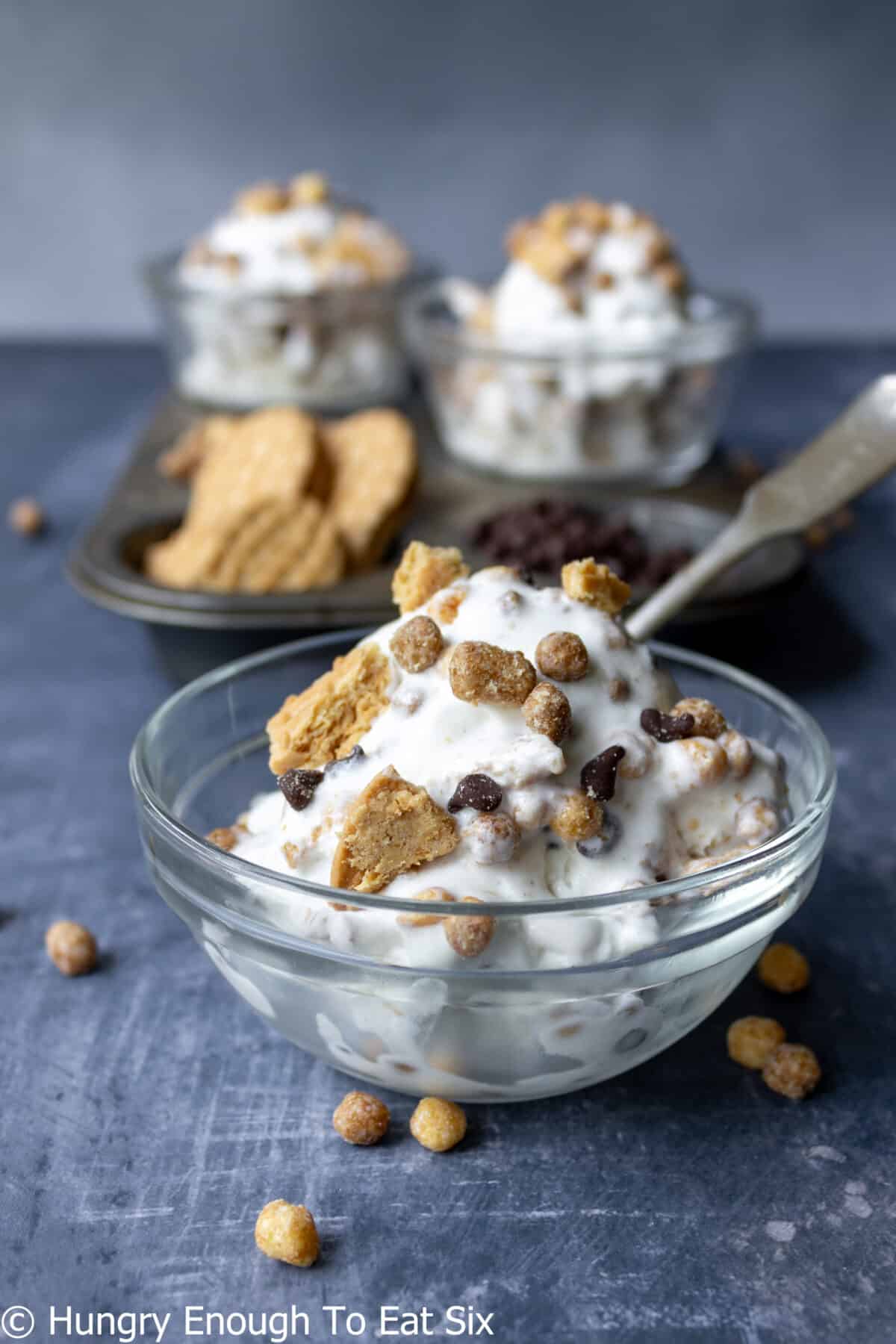 Vanilla ice cream blended with cookies and peanut butter cereal.