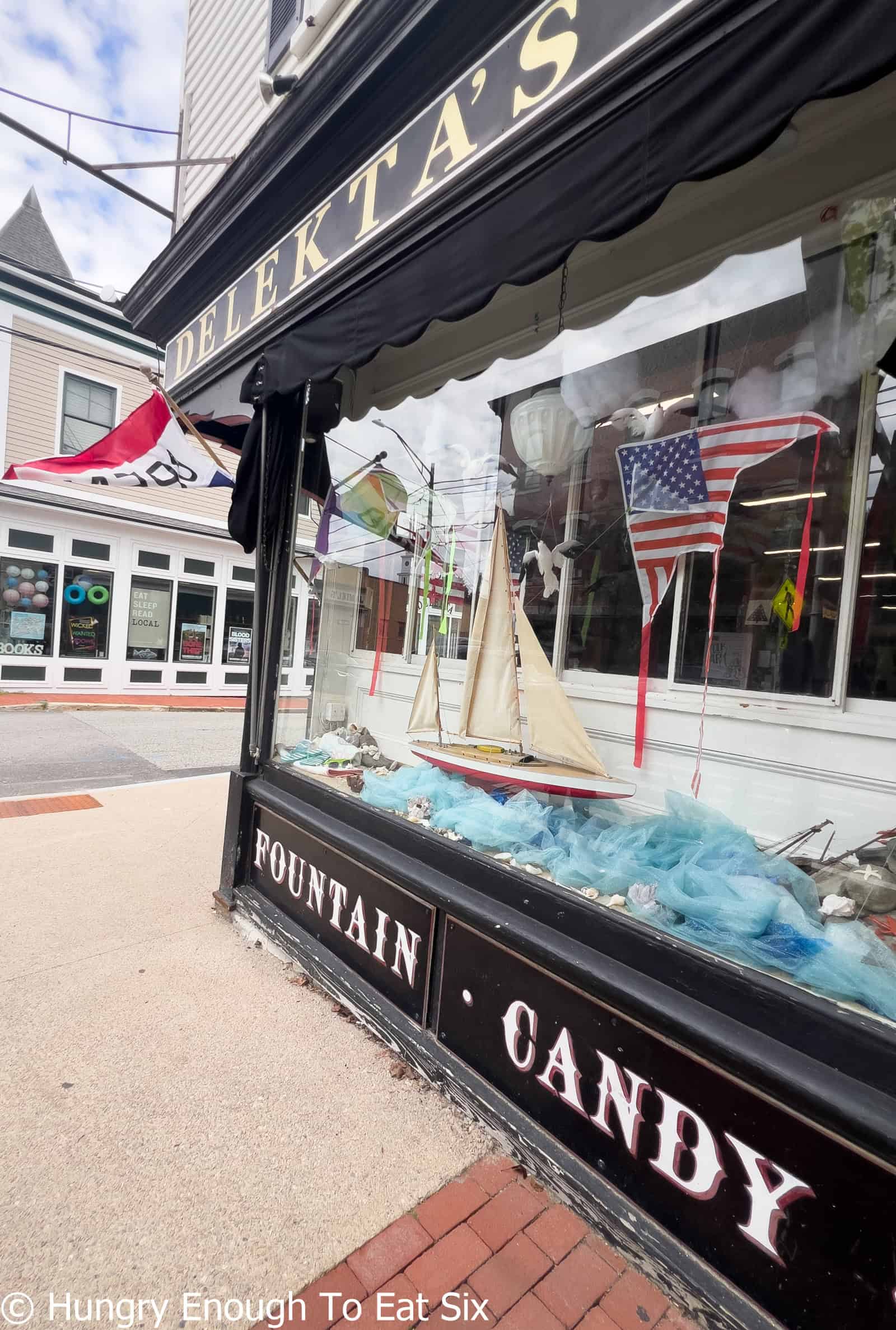Exterior of Delektas soda fountain shop in Warren, RI.