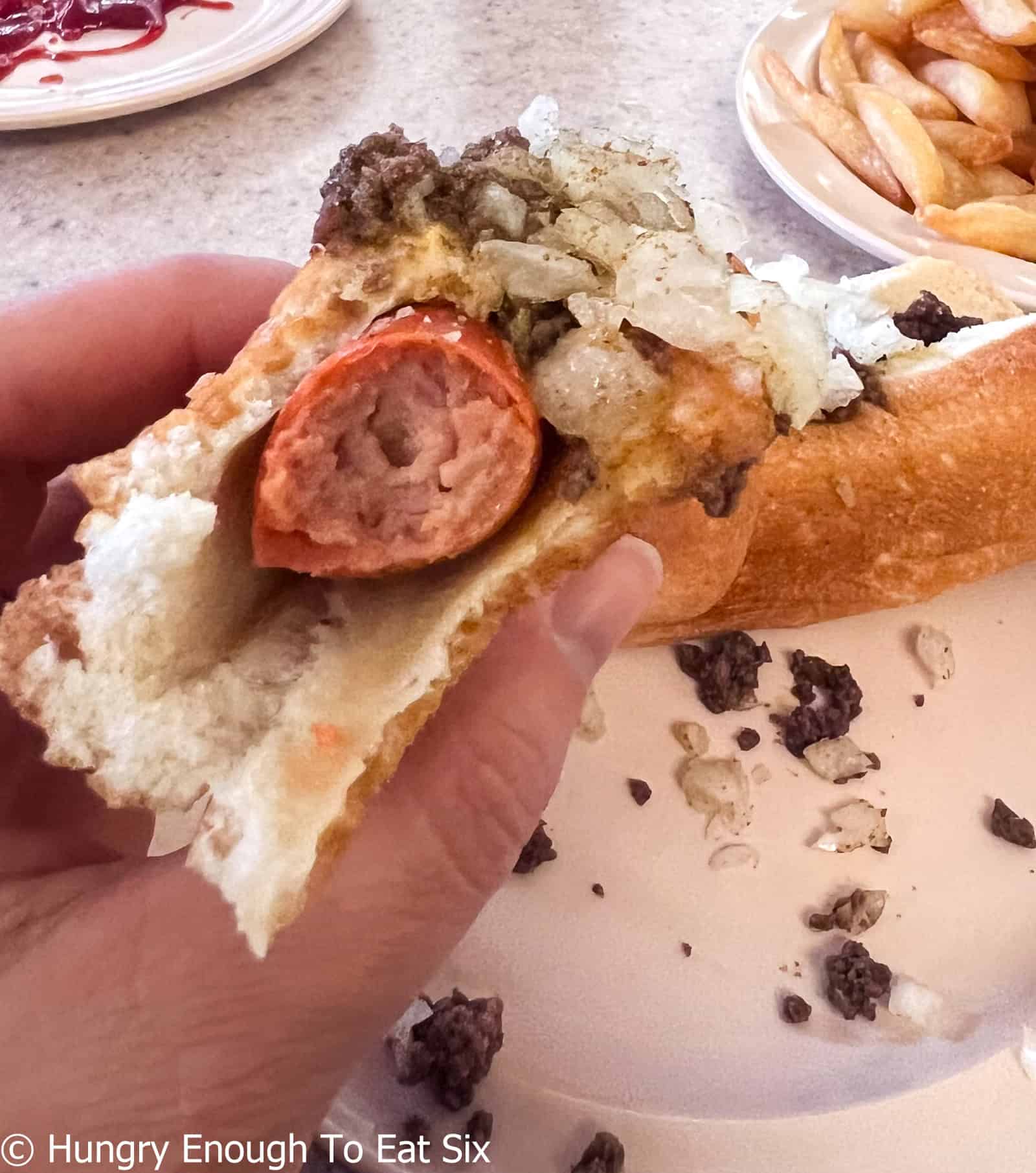 Olneyville NY System hot wiener in a bun with a bot taken at, in Providence, RI.