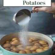 Pot with potatoes, water, and salt pouring in to make salt potatoes.