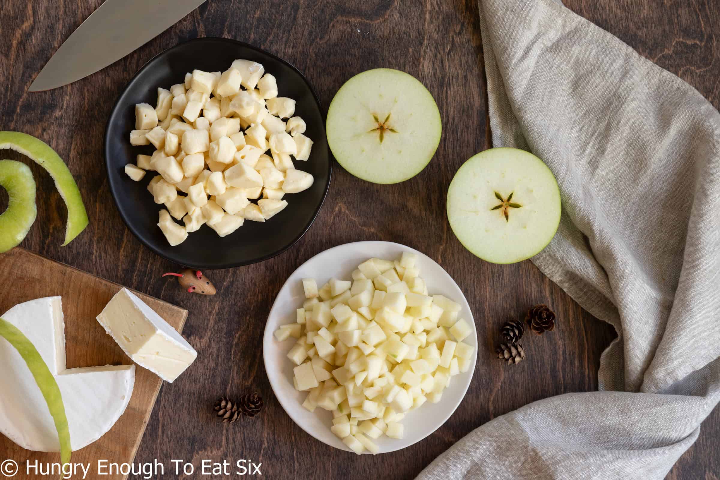 Diced apples and cheese for Fig and apple brie bites