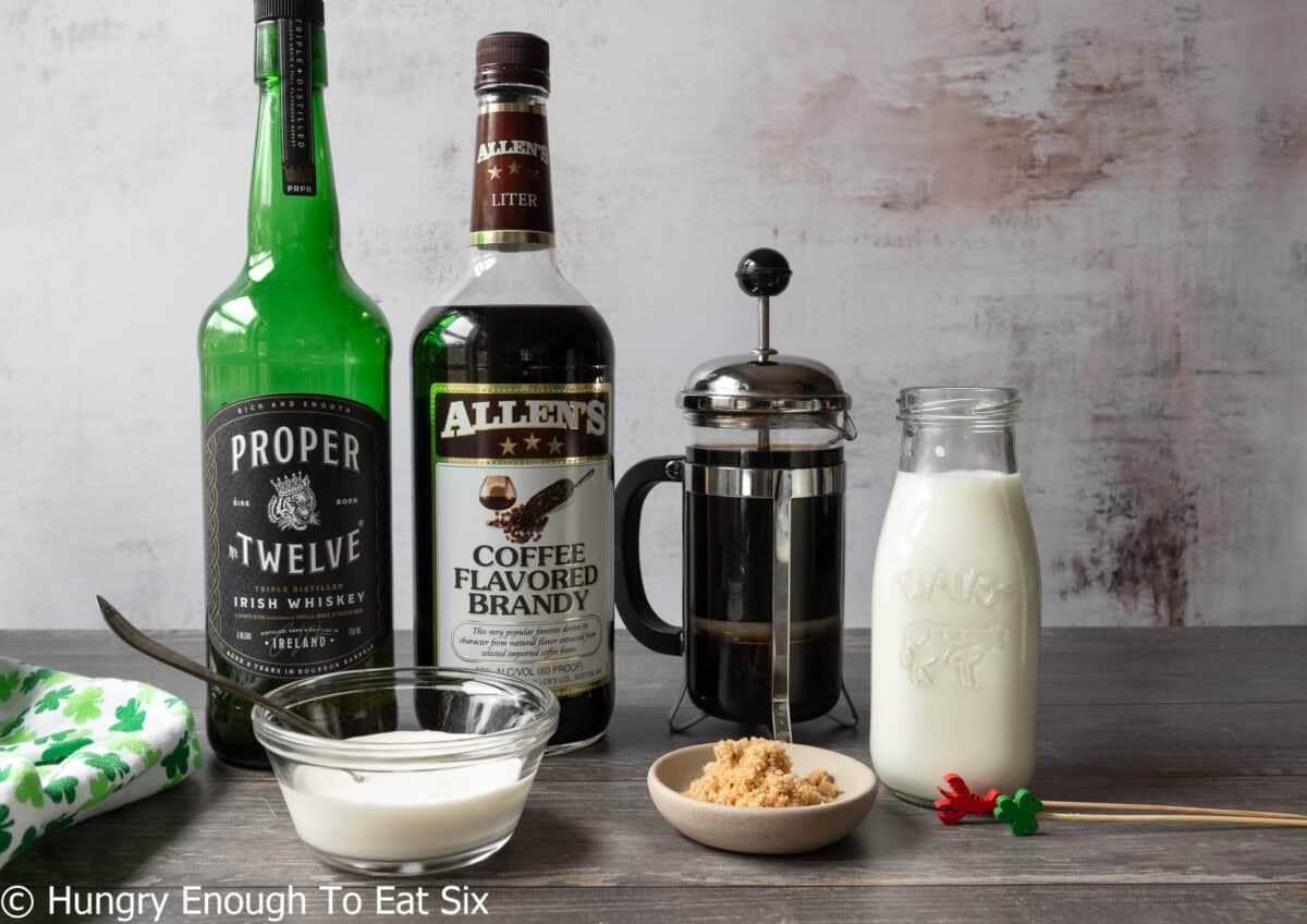 Whiskey, coffee brandy, coffee, milk, cream, brown sugar.