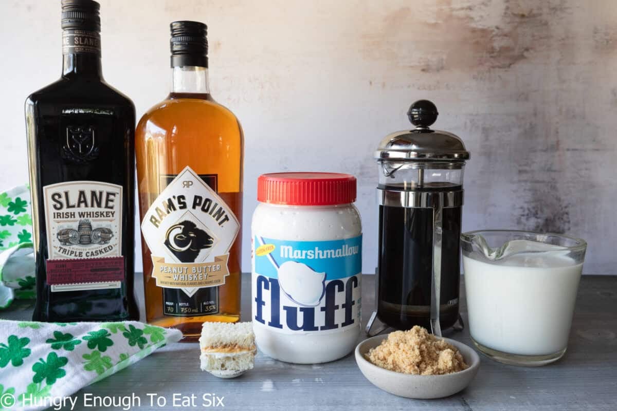 Two kinds of whiskey, coffee, brown sugar, Marshmallow fluff, and cream.