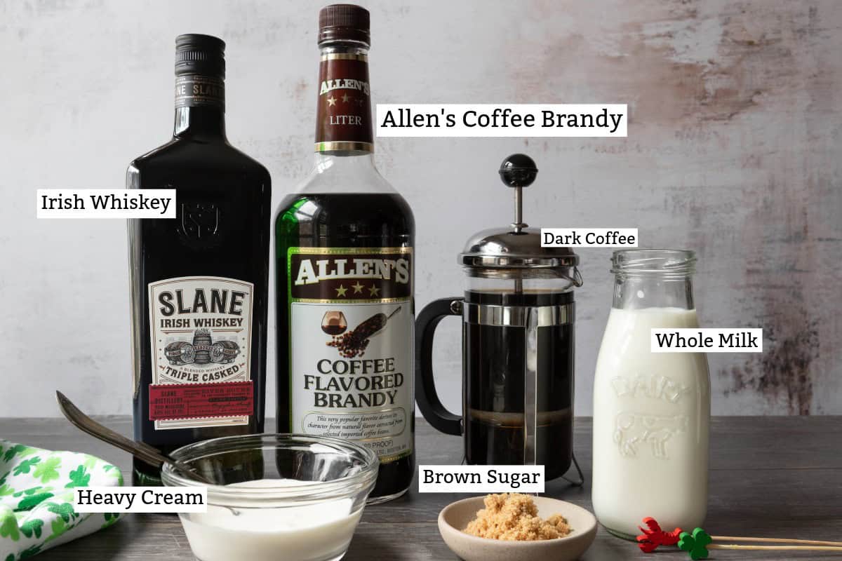Ingredients: coffee brandy, Irish whiskey, cream, milk, brown sugar, coffee, for an Irish Coffee.