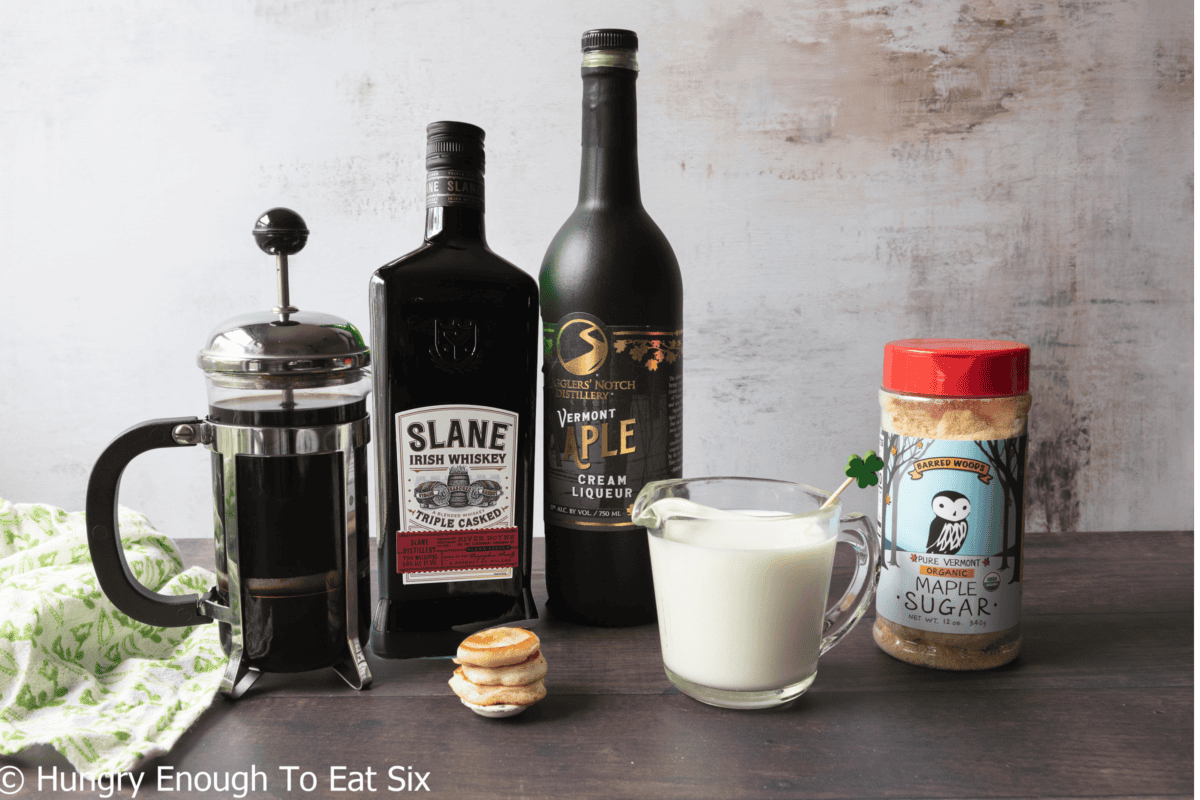Irish whiskey, maple liqueur, maple sugar, heavy cream, coffee, and mini pancakes.