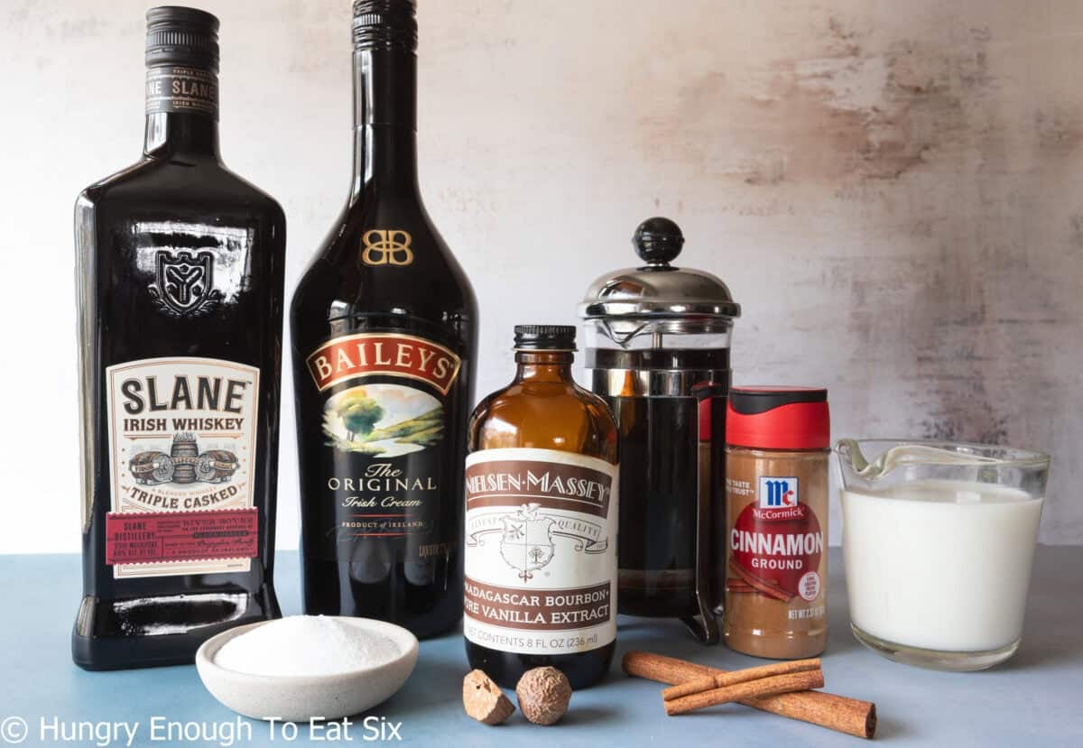 Whiskey, Irish cream, cinnamon, nutmeg, sugar, vanilla, cream, and coffee.