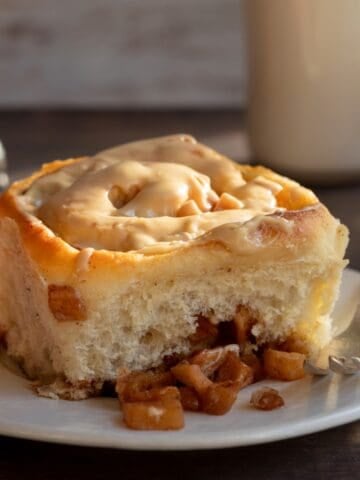 Cinnamon roll and diced apples in the sunshine.