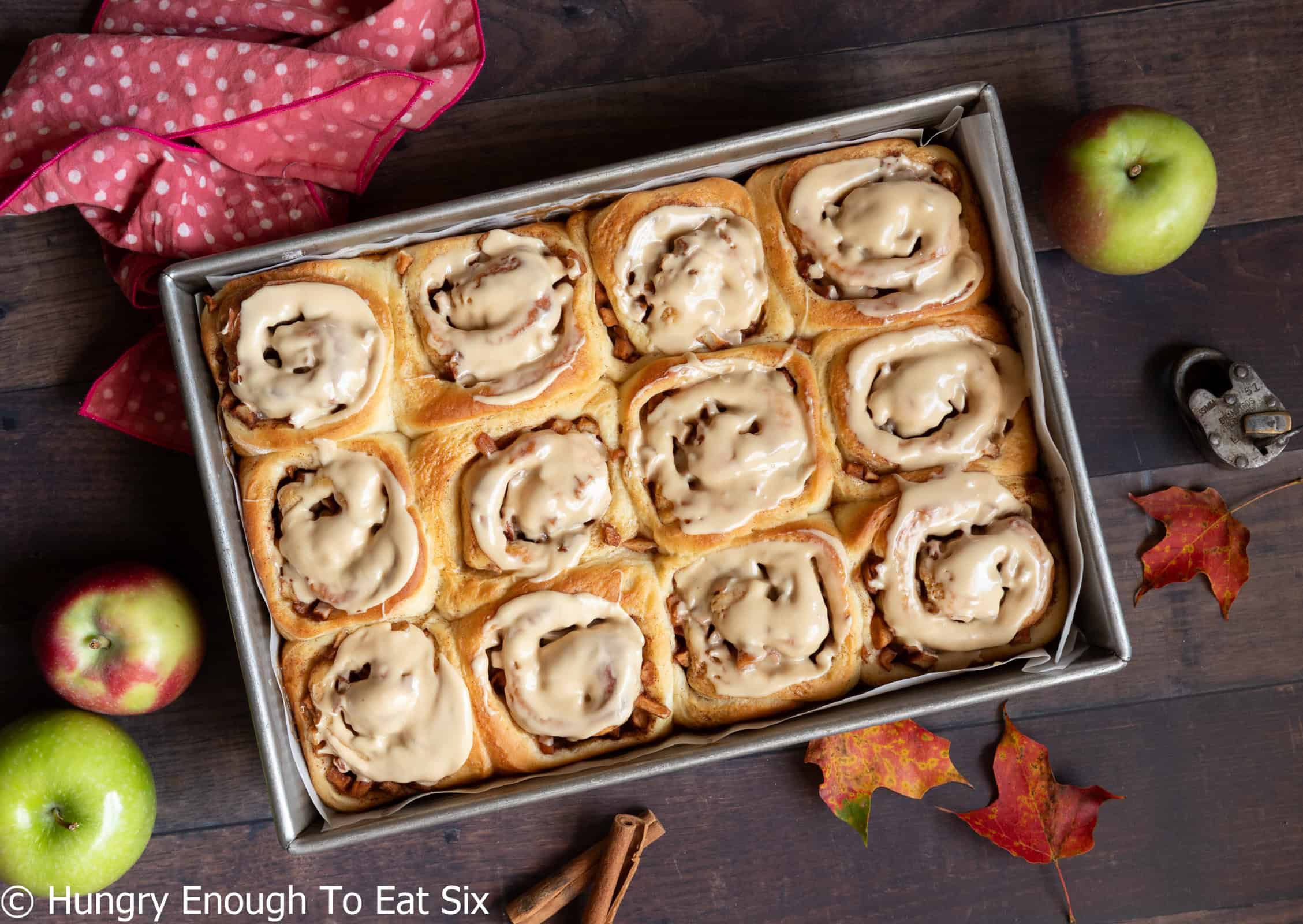 Twelve frosted cinnamon rolls in a pan.