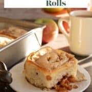 Swirled bun with frosting on a plate.