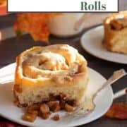 Cinnamon roll with apple filling on plate.