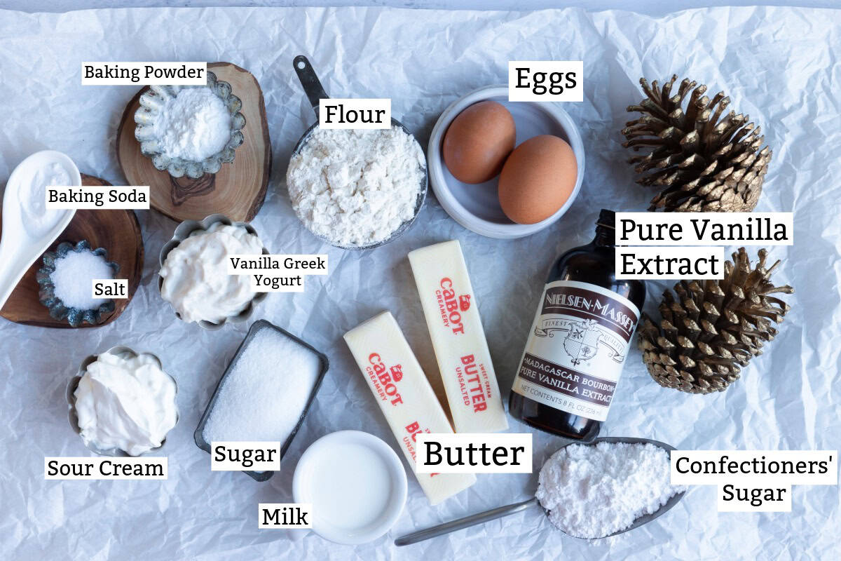 Cozy-Ups sugar cookies ingredients: eggs, vanilla, flour, powdered sugar, butter, leaveners, salt, sour cream, and Greek yogurt.