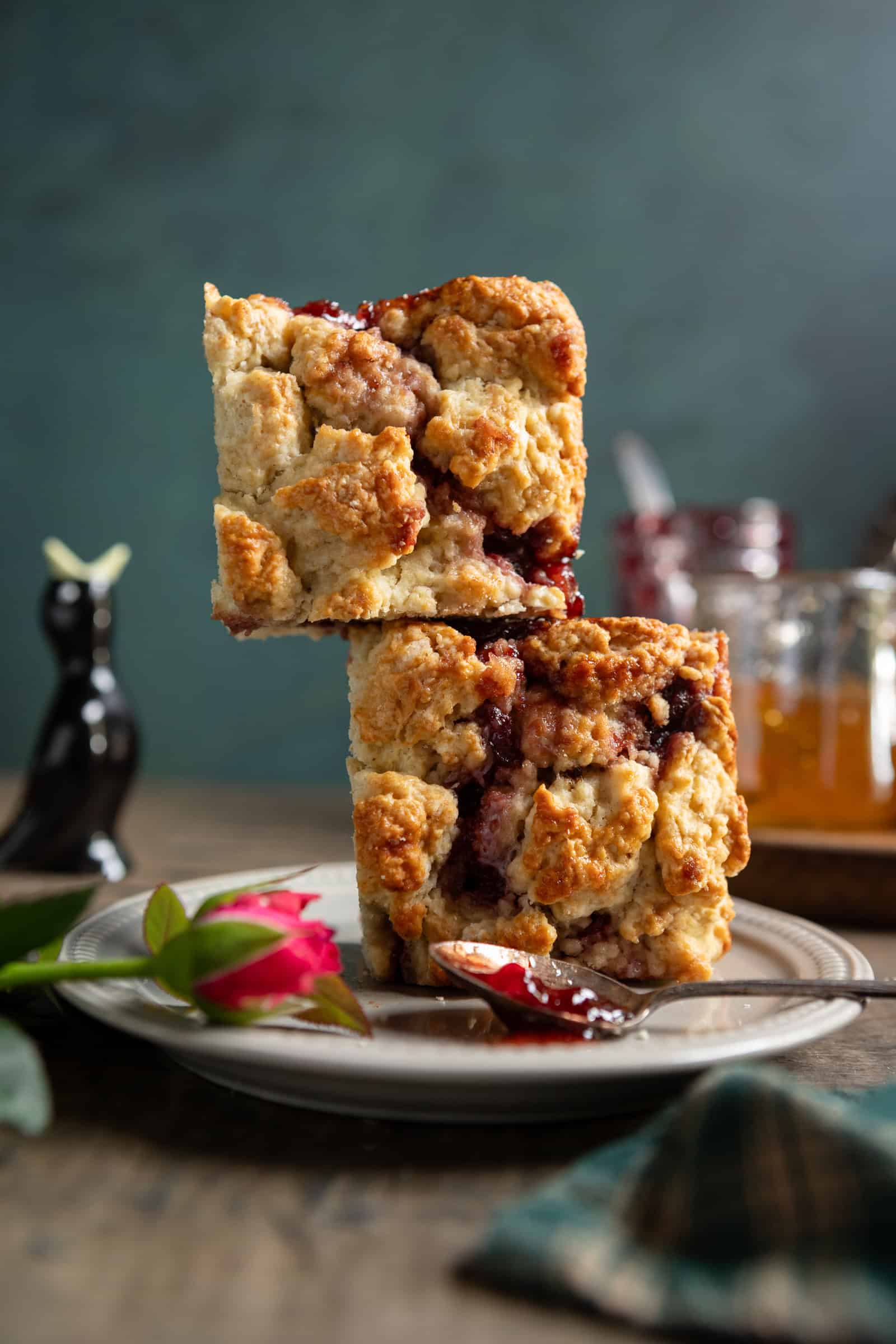 Baked buttermilk scones with swirls of jam.