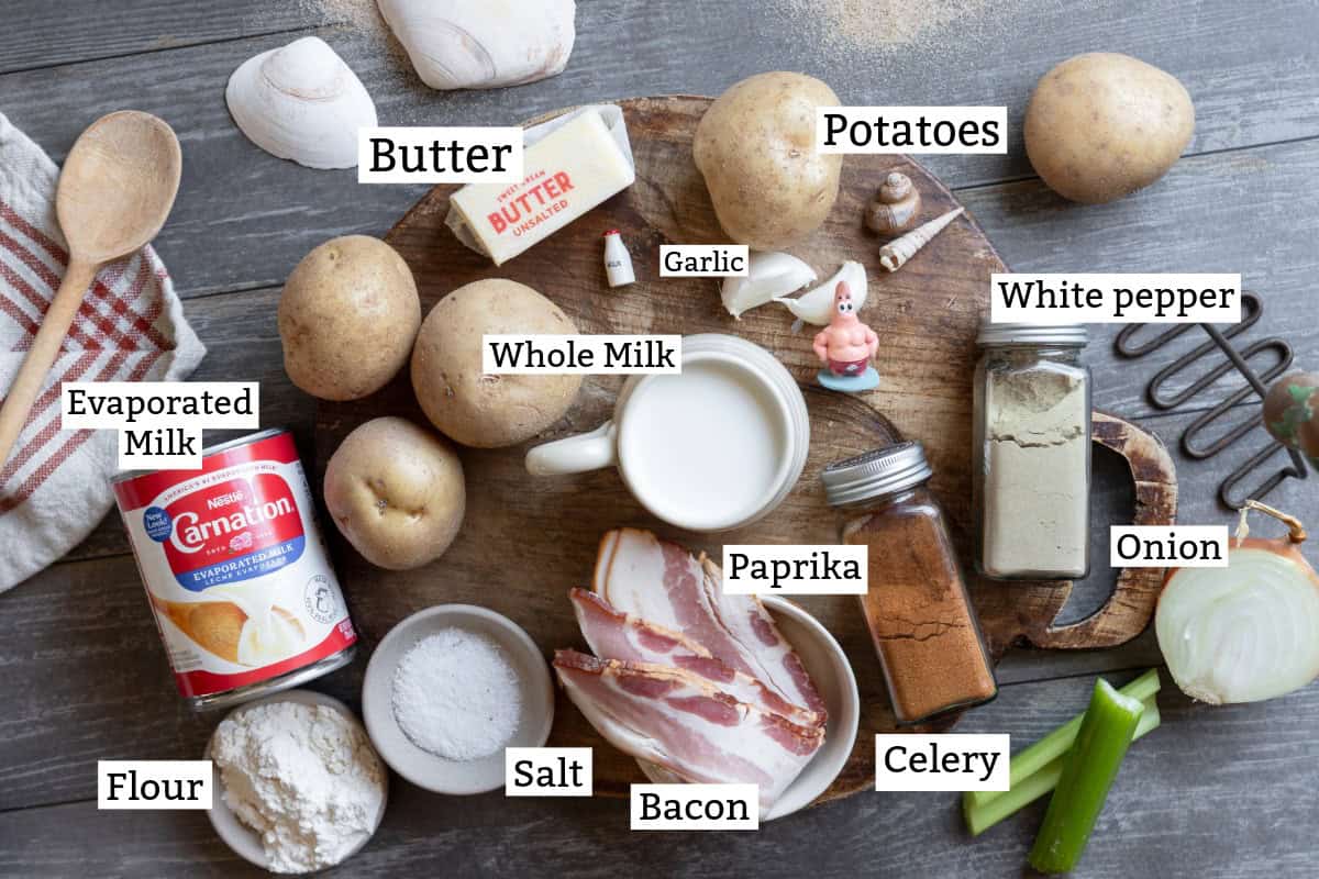 No-Clam Chowder ingredients: celery, onion, garlic, potatoes, butter, milk, seasonings, flour, evaporated milk, bacon.