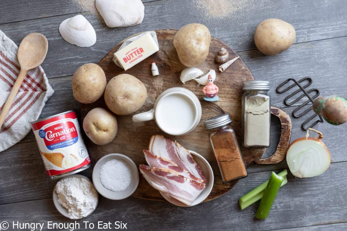 Ingredients for no-clam chowder, including potatoes, milk, butter and seasonings.