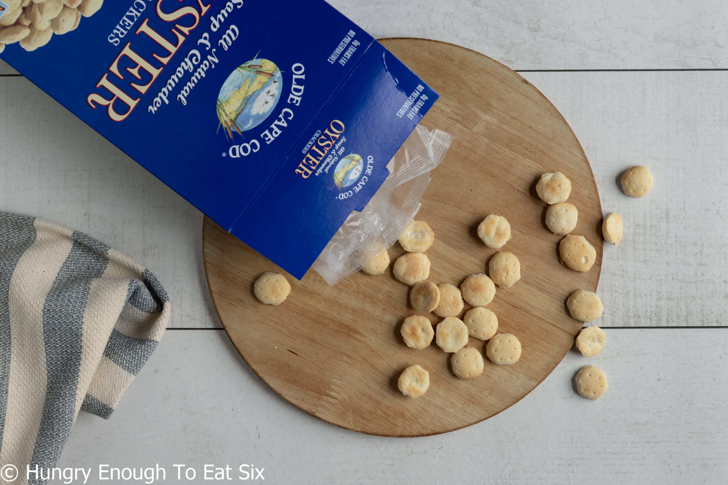 Blue box of oyster crackers to serve with New England No-Clam Chowder.