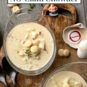 Bowls of no-clam chowder with oyster crackers.