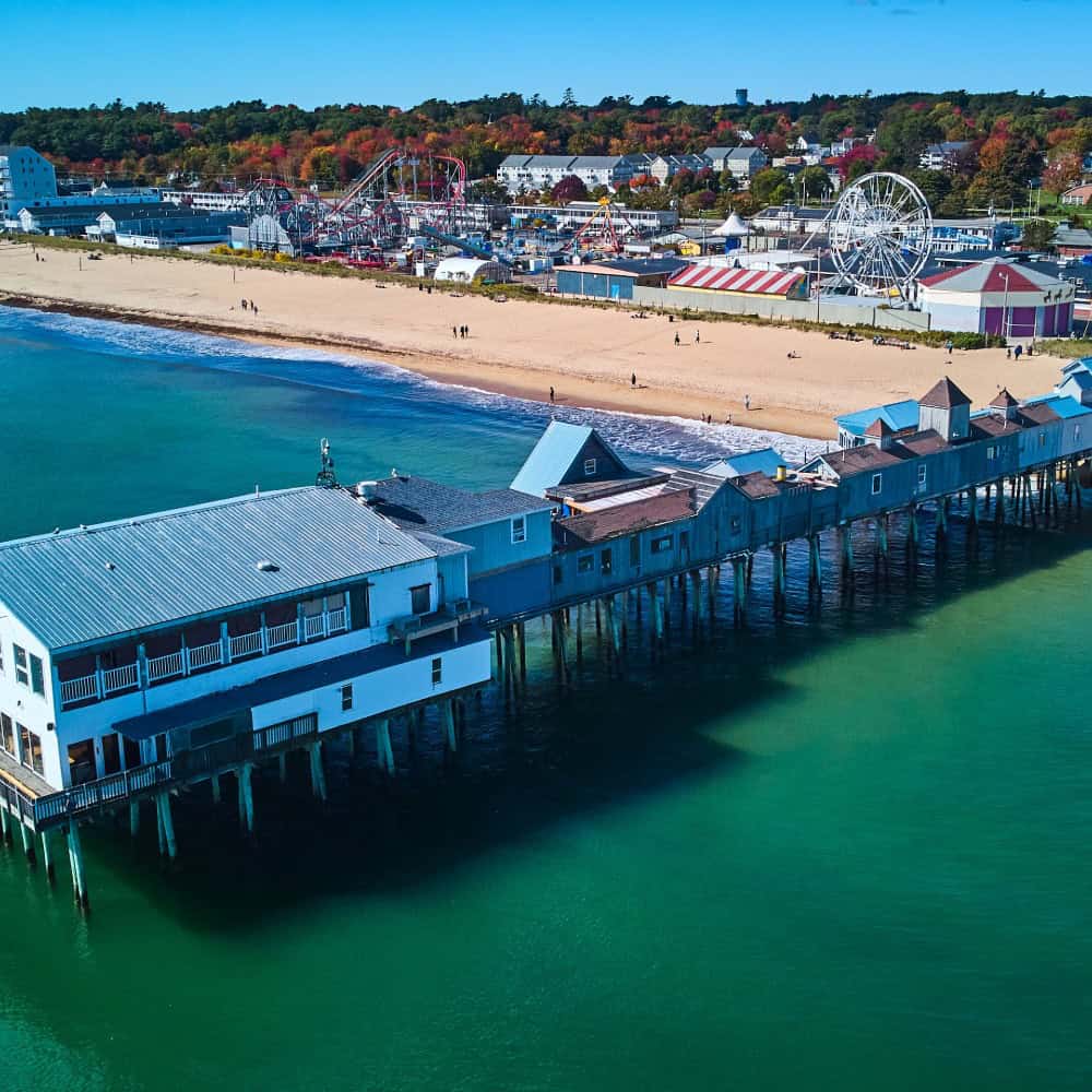 View of the seaside and pier of Old Orchard Beach, Maine.
