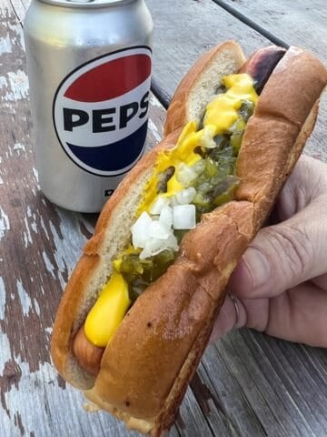 A dressed hot dog in a bun from Hot Dog Annies, a central MA hot dog spot.