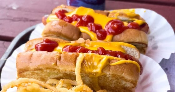 Two dressed cheese dogs from a central MA hot dog spot.