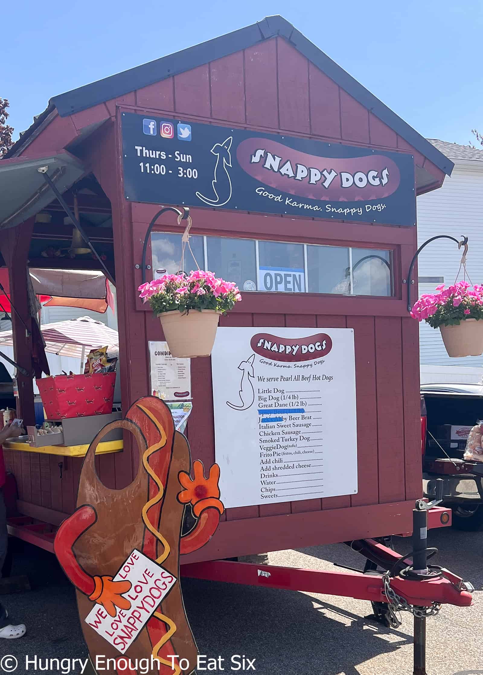 The red Snappy Dogs wagon, a central MA hot dog spots.