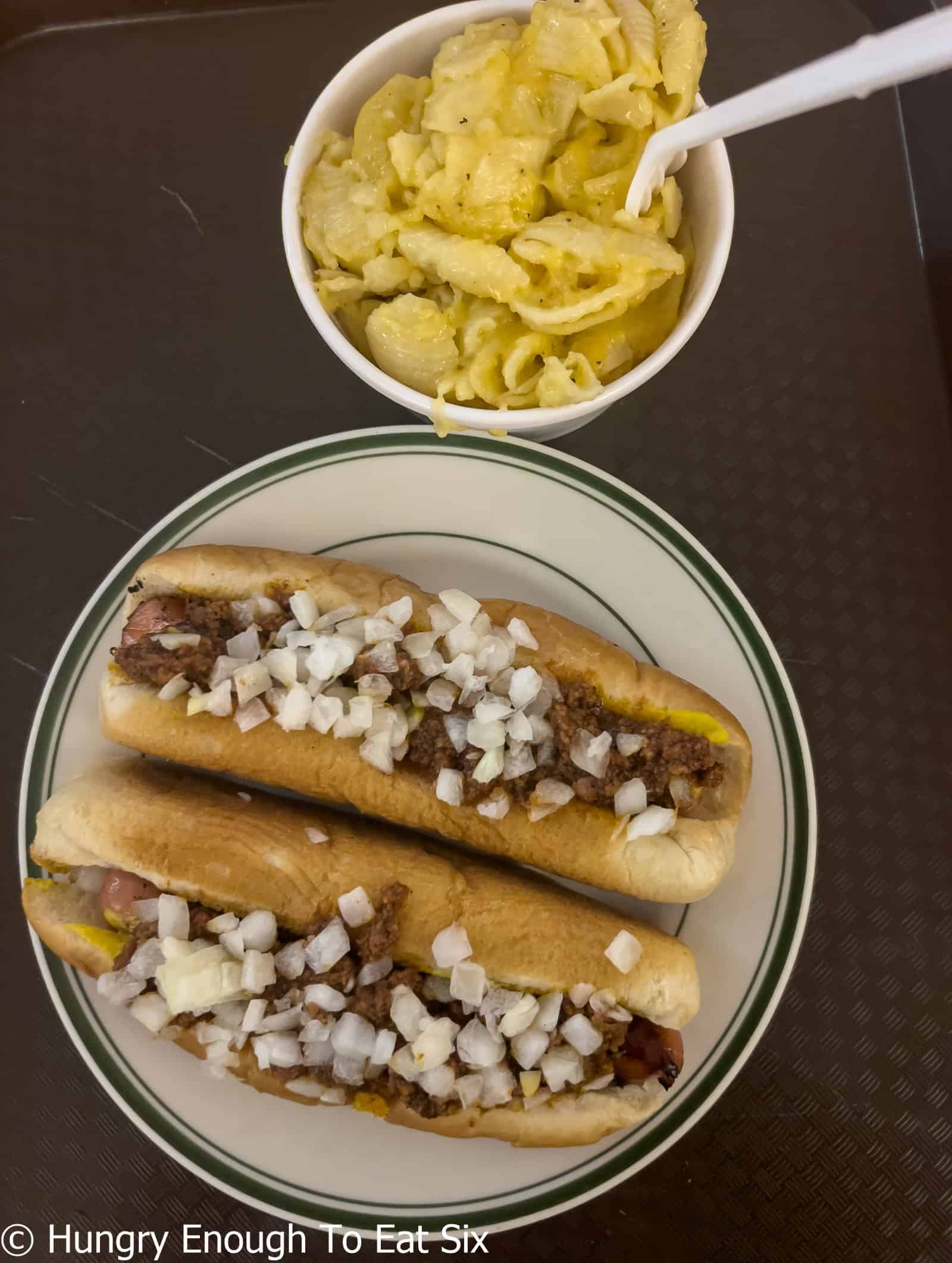 Georges Coney Island, hot dogs and mac and cheese.