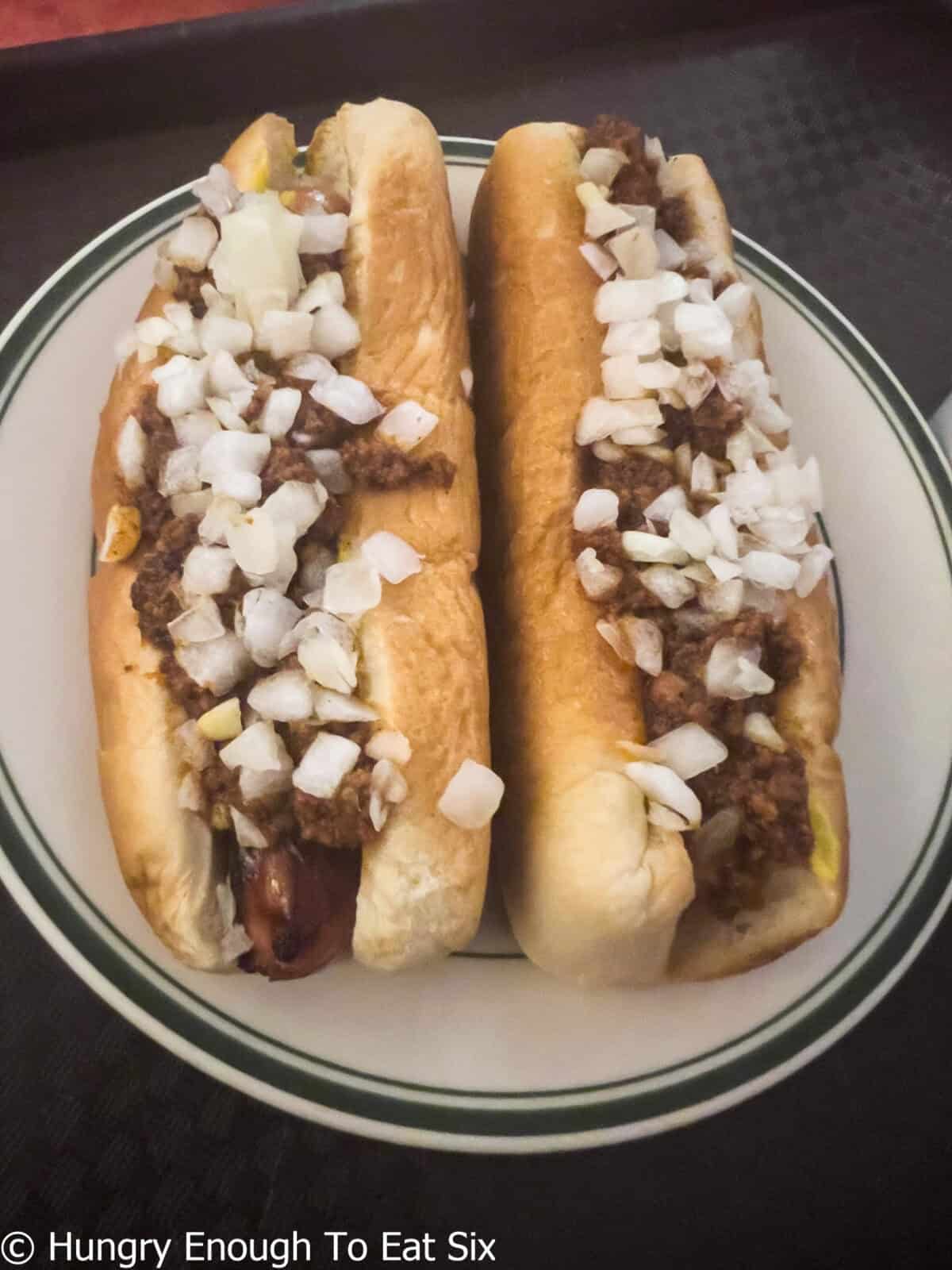 Two dressed hot dogs at the central MA hot dog stand, Georges Coney Island.