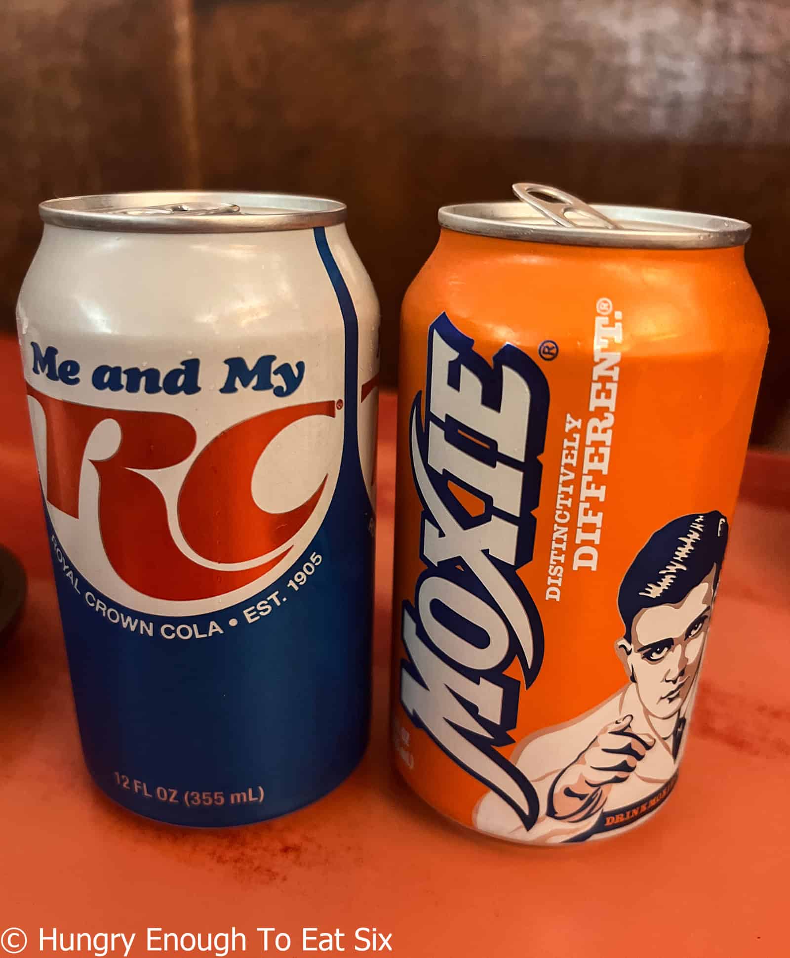 Cans of Moxie and RC Cola at Georges Coney Island, a central MA hot dog spot.