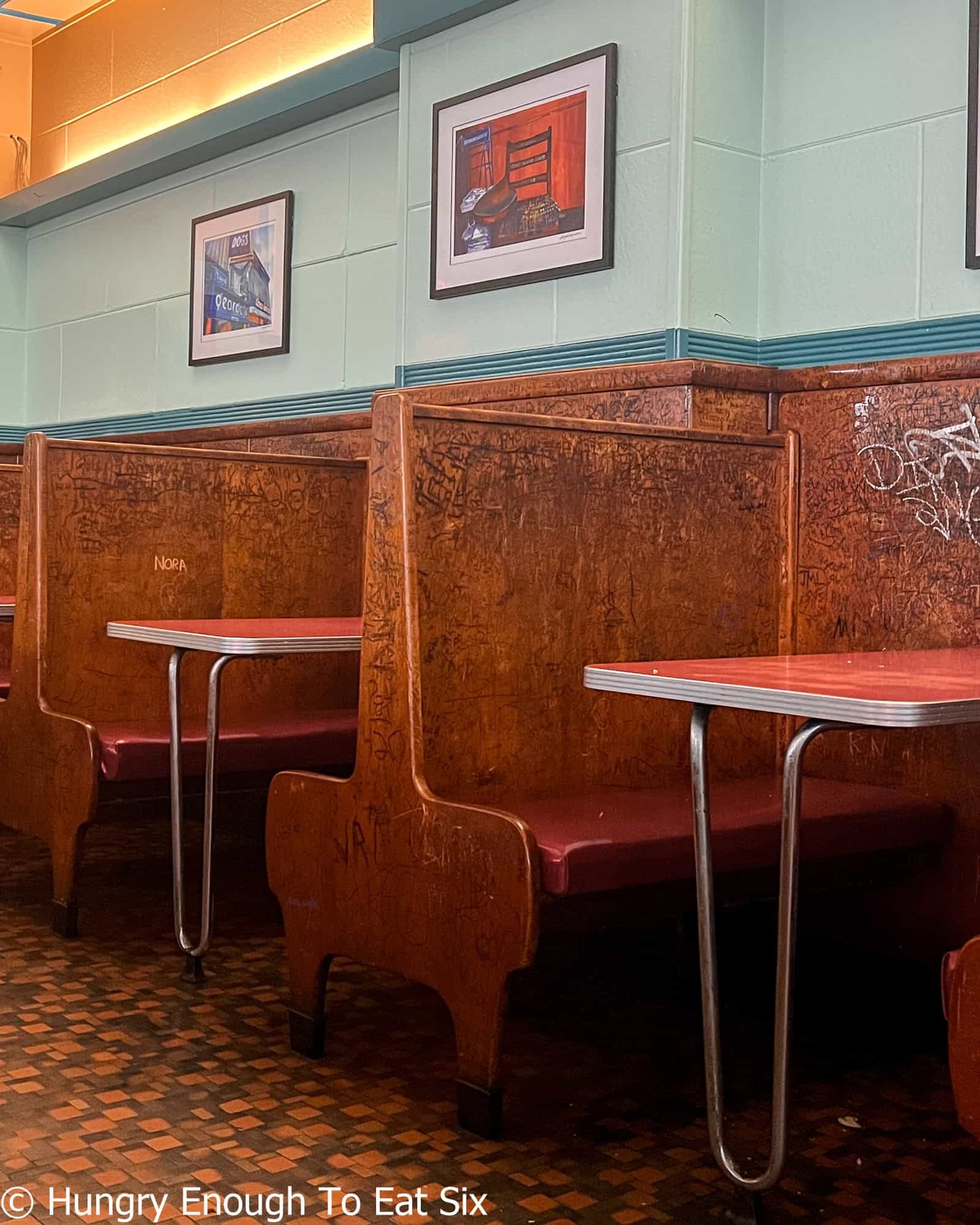 The booths inside Georges Coney Island, a central MA hot dog spot.